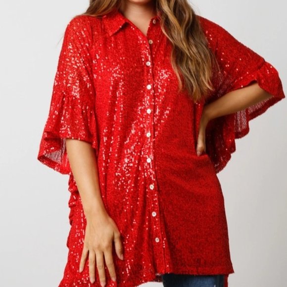 Holiday Festivities Ruby Red Sequin Button Down Top. Perfect for Christmas - Picture 2 of 3